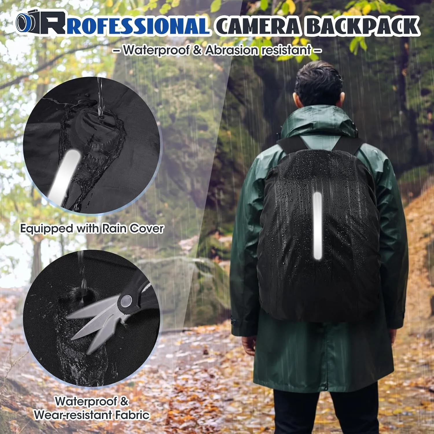 RAINSMORE Camera Backpack Camera Bag for Photographers DSLR SLR Mirrorless Camera Cases with Waterproof Rain Cover & Laptop Compartment Fits 14 Inch Laptop,Anti Theft Travel photography backpack,Black