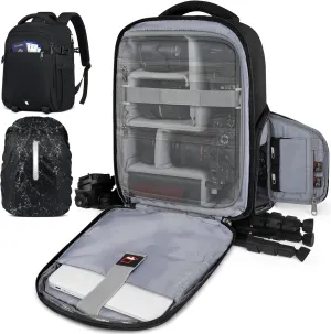 RAINSMORE Camera Backpack Camera Bag for Photographers DSLR SLR Mirrorless Camera Cases with Waterproof Rain Cover & Laptop Compartment Fits 14 Inch Laptop,Anti Theft Travel photography backpack,Black