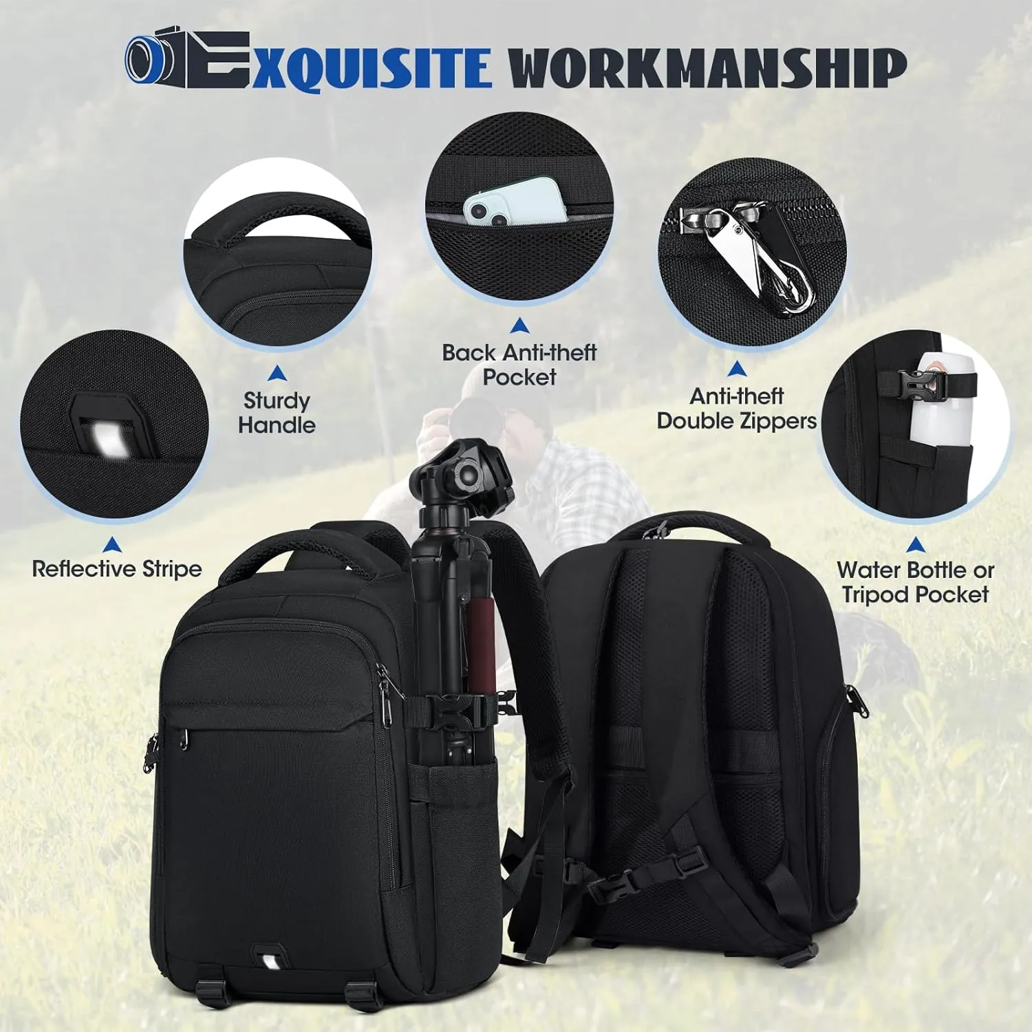 RAINSMORE Camera Backpack Camera Bag for Photographers DSLR SLR Mirrorless Camera Cases with Waterproof Rain Cover & Laptop Compartment Fits 14 Inch Laptop,Anti Theft Travel photography backpack,Black