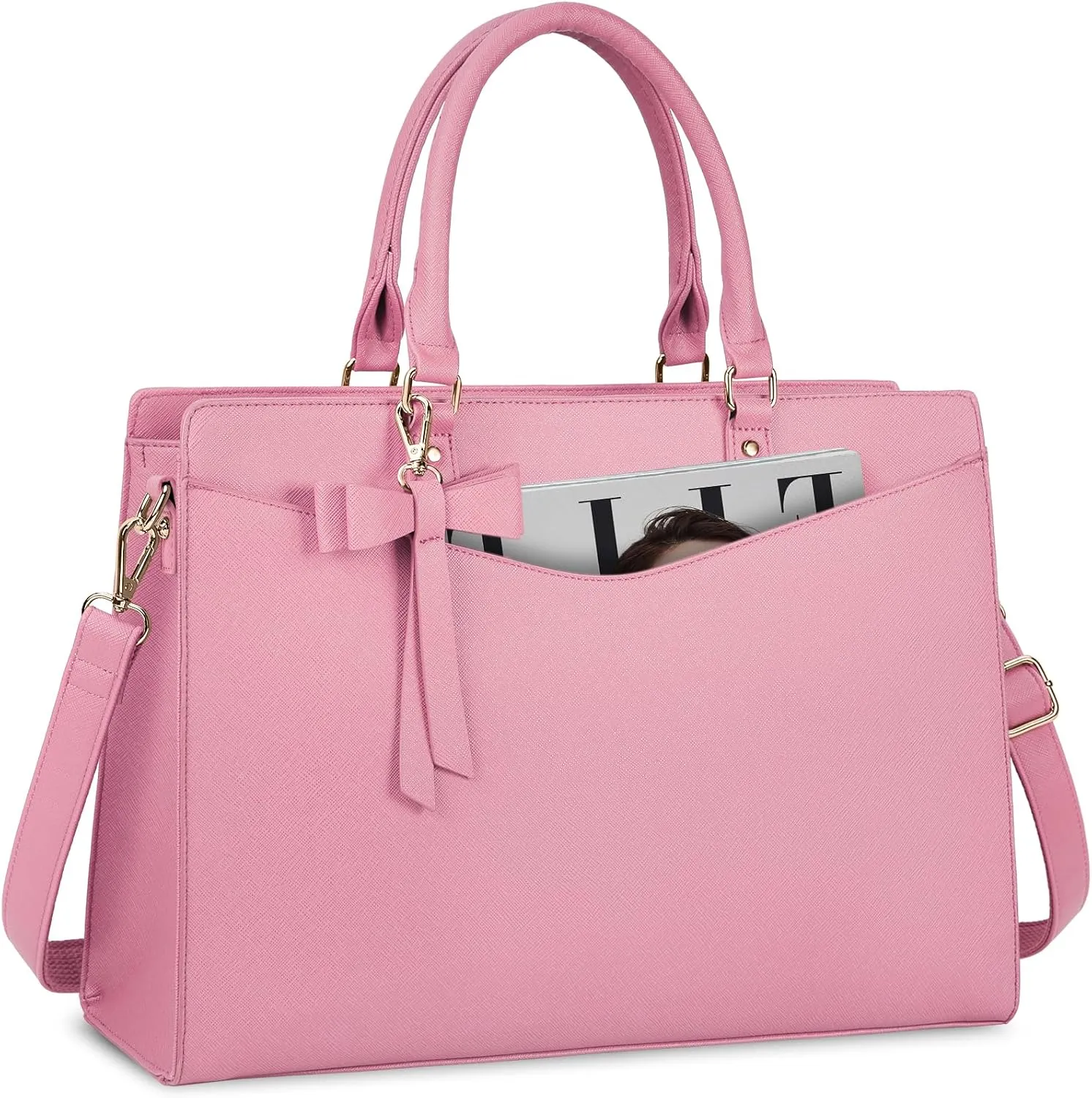 RAINSMORE Laptop Bag for Women 15.6 Inch PU Tote Bag Business Office Work Bag Waterproof Briefcase Computer Tote Lightweight Handbag Shoulder, Pink