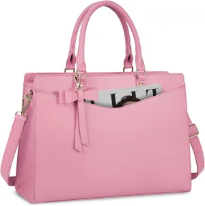 RAINSMORE Laptop Bag for Women 15.6 Inch PU Tote Bag Business Office Work Bag Waterproof Briefcase Computer Tote Lightweight Handbag Shoulder, Pink