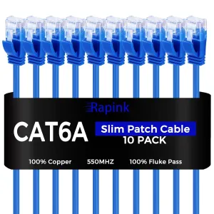 Rapink Patch Cables Cat6a 10ft (10 Pack) Slim, Cat6a Ethernet Patch Cable 10G Support, Snagless Cat 6 Patch Cable for Patch Panel to Switch, Flexiable Cat 6a Ethernet Cable with Gold Plated