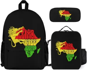 Rasta Lion Map Casual Backpack Set 3-in-1 Lunch Bag Cute Pencil Case Bag Travel Unisex