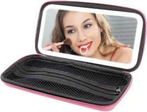 Rechargeable LED Travel Mirror with 3 Color Lights – Portable Makeup Mirror for Trips, Parties & Shopping, Comes with Cosmetic Pouch & USB Charging (Pink)