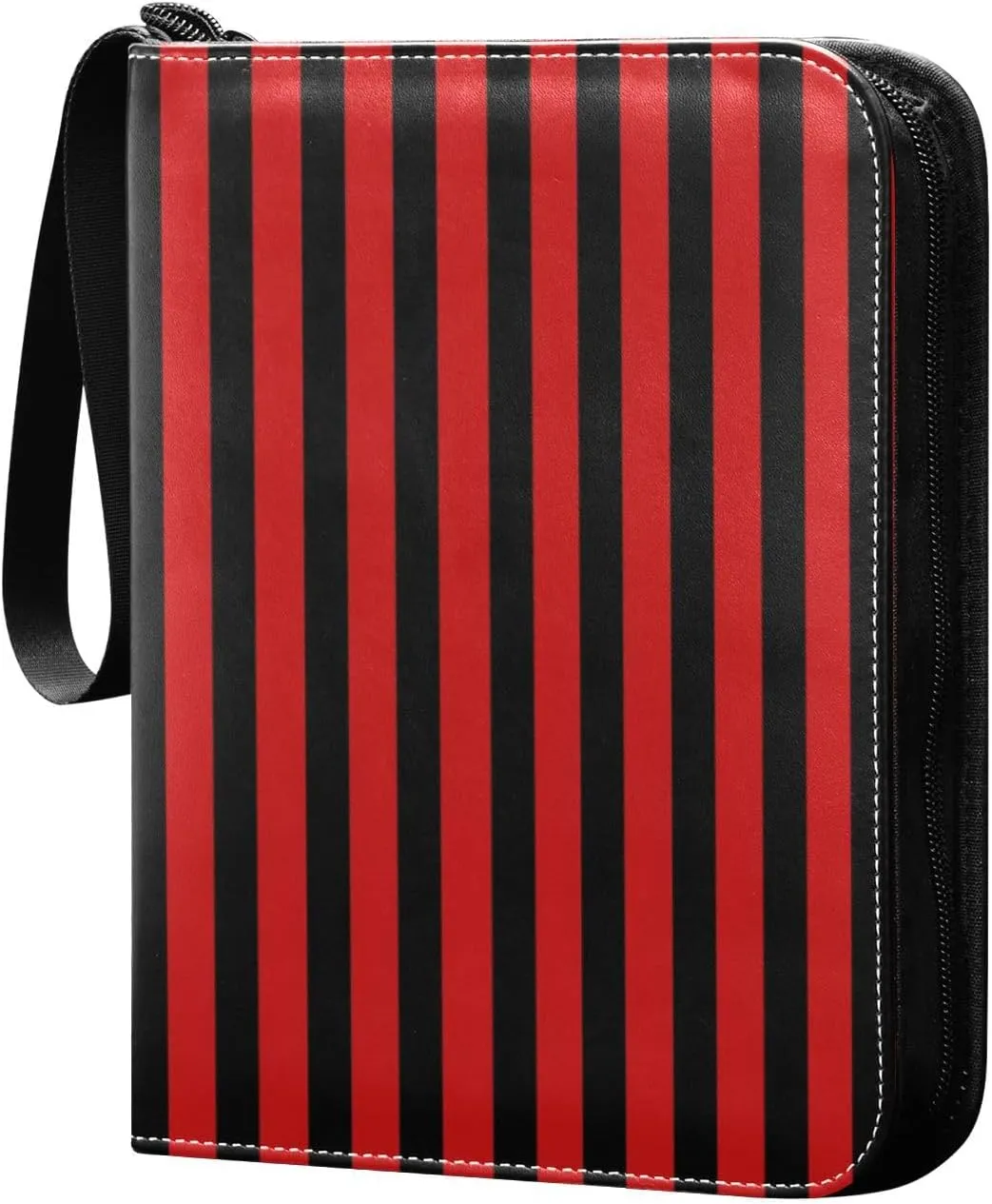Red Black Stripes Card Binder 4 Pocket Trading Card Album Fits 400 Sports/Game Cards, PU Cover 3 Ring Card Collection with 50 Removable Sleeves