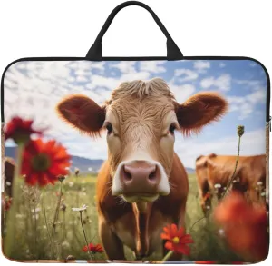 Red Flower Show Steer Cows Cattle1 Print Laptop Sleeve,Laptop Case With Handle,14 Inch Fashion Laptop Case Bag,Travel Computer Bag