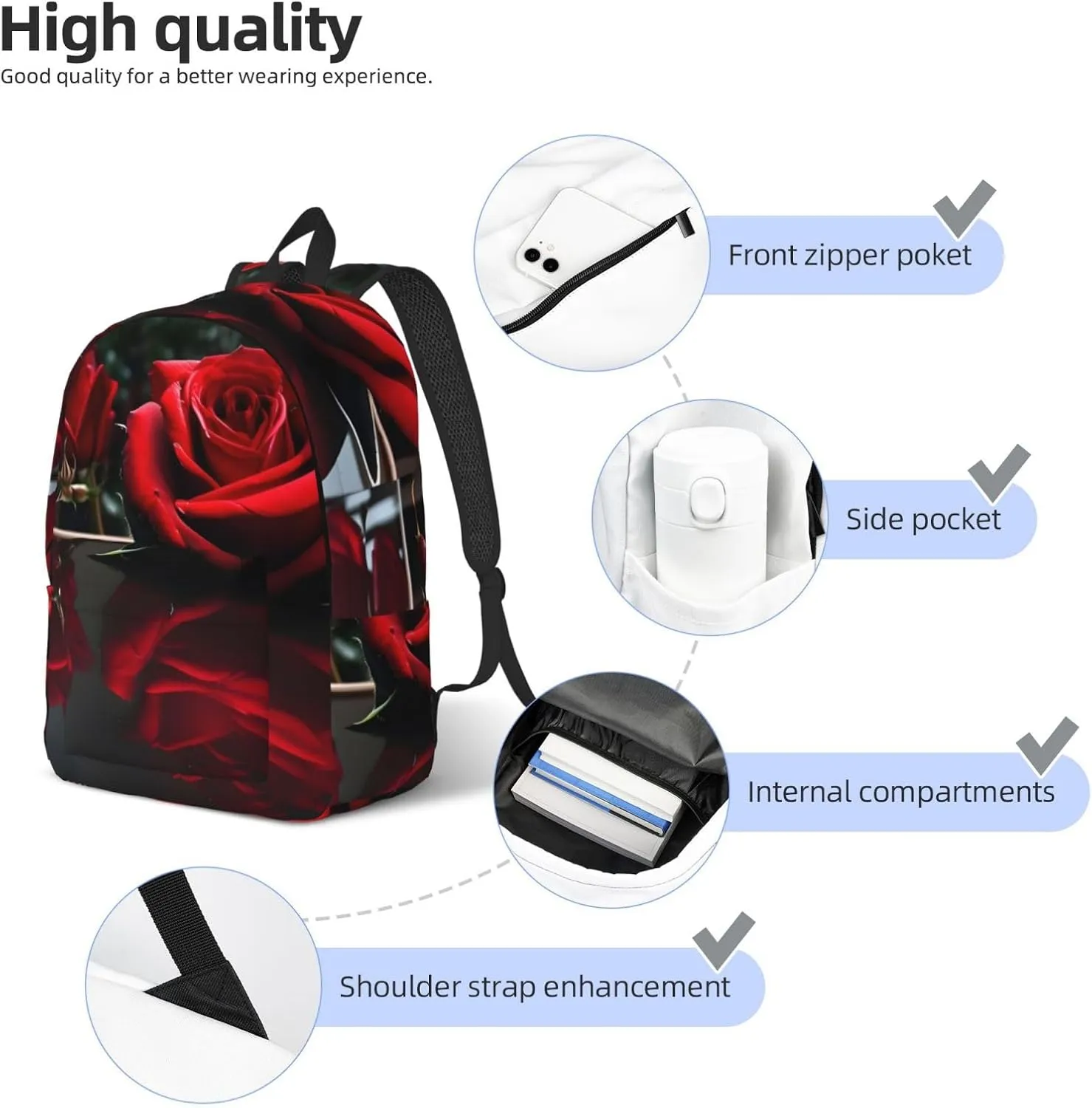 Red Mirror Rose print Duffel Bag, Lightweight Duffel Bag, Casual Backpack, 17.7 x 6.3 x 12.2 inches