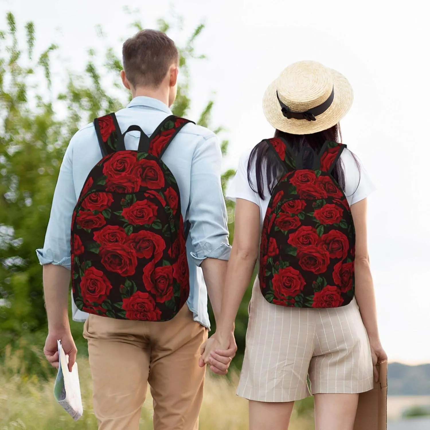 Red Rose Flower Green Leaves Backpack for Girls Boys Women Lightweight Canvas Bookbag Casual Daypack for Travel Outdoor Camping, 17 Inch
