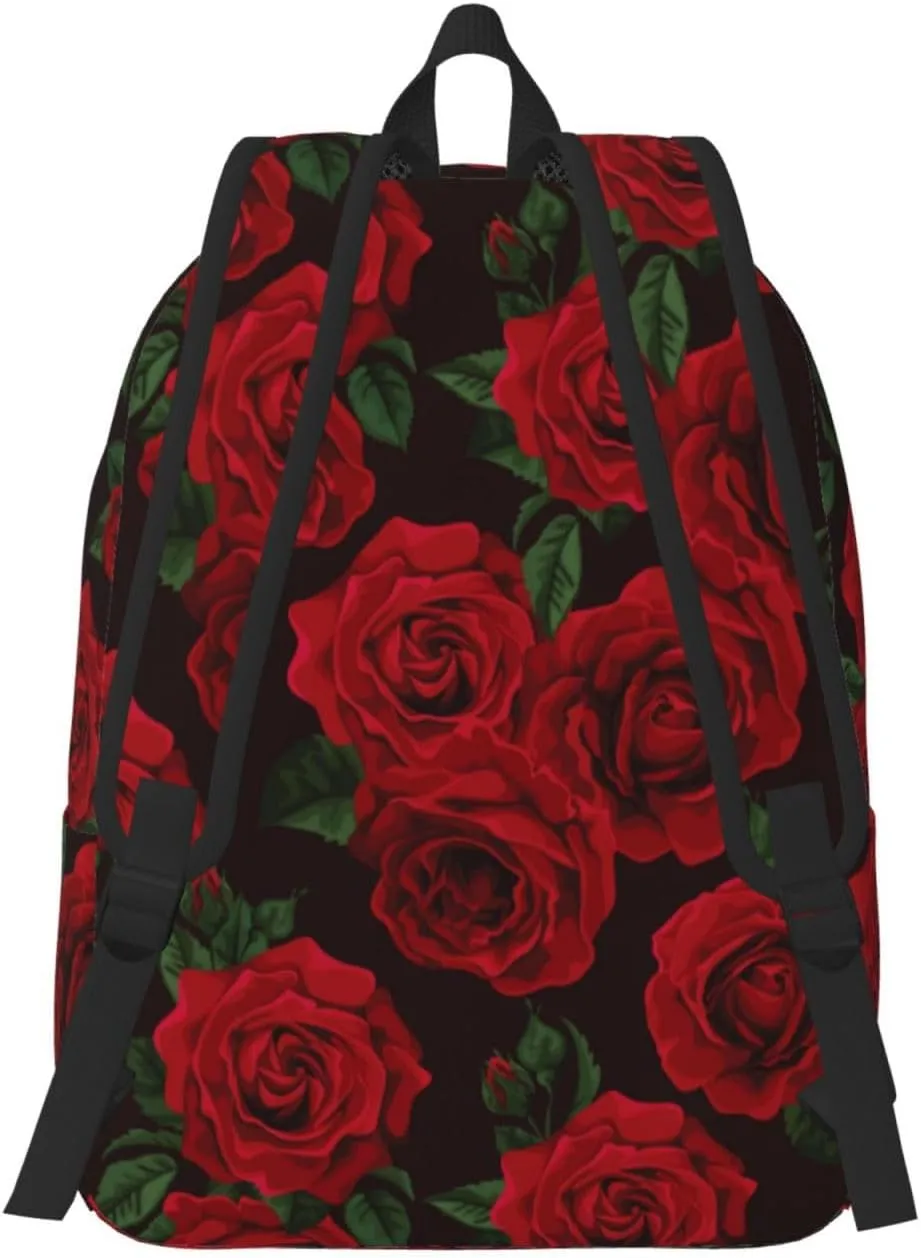 Red Rose Flower Green Leaves Backpack for Girls Boys Women Lightweight Canvas Bookbag Casual Daypack for Travel Outdoor Camping, 17 Inch
