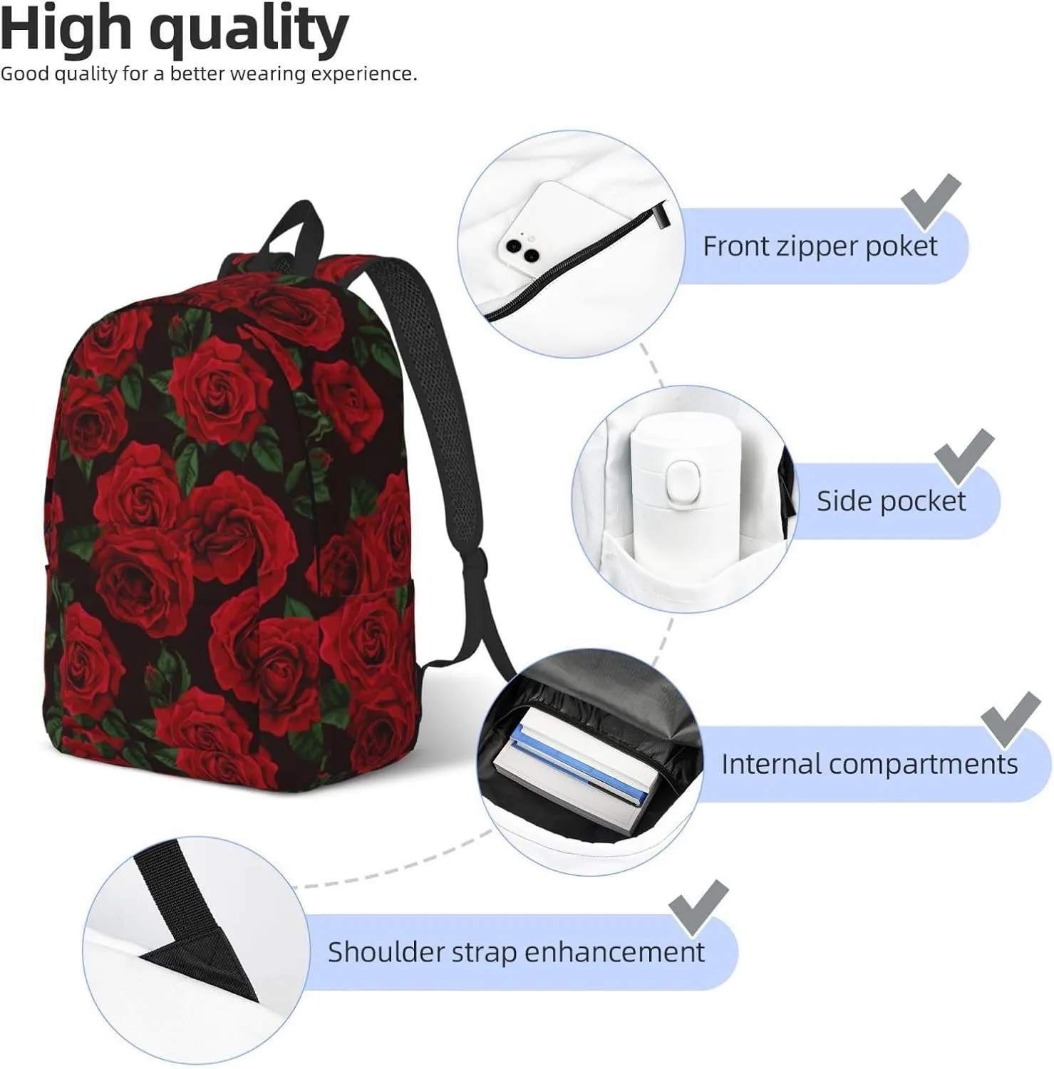 Red Rose Flower Green Leaves Backpack for Girls Boys Women Lightweight Canvas Bookbag Casual Daypack for Travel Outdoor Camping, 17 Inch