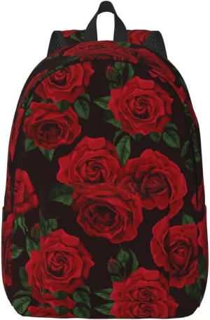 Red Rose Flower Green Leaves Backpack for Girls Boys Women Lightweight Canvas Bookbag Casual Daypack for Travel Outdoor Camping, 17 Inch