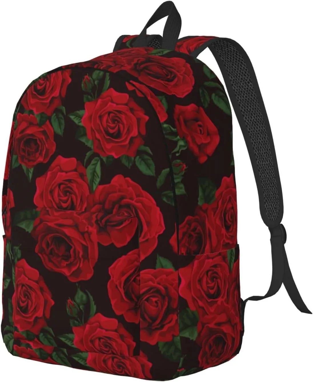 Red Rose Flower Green Leaves Backpack for Girls Boys Women Lightweight Canvas Bookbag Casual Daypack for Travel Outdoor Camping, 17 Inch