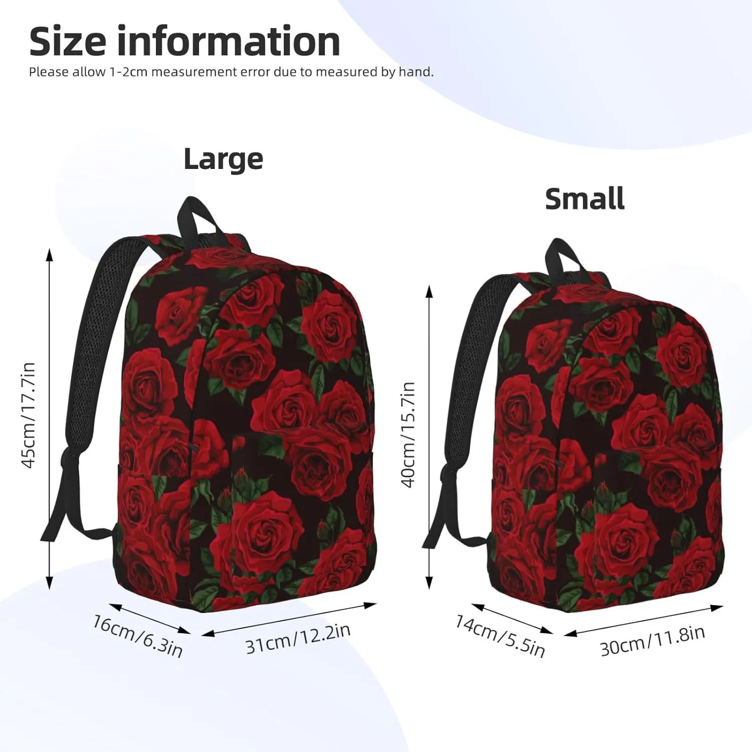 Red Rose Flower Green Leaves Backpack for Girls Boys Women Lightweight Canvas Bookbag Casual Daypack for Travel Outdoor Camping, 17 Inch