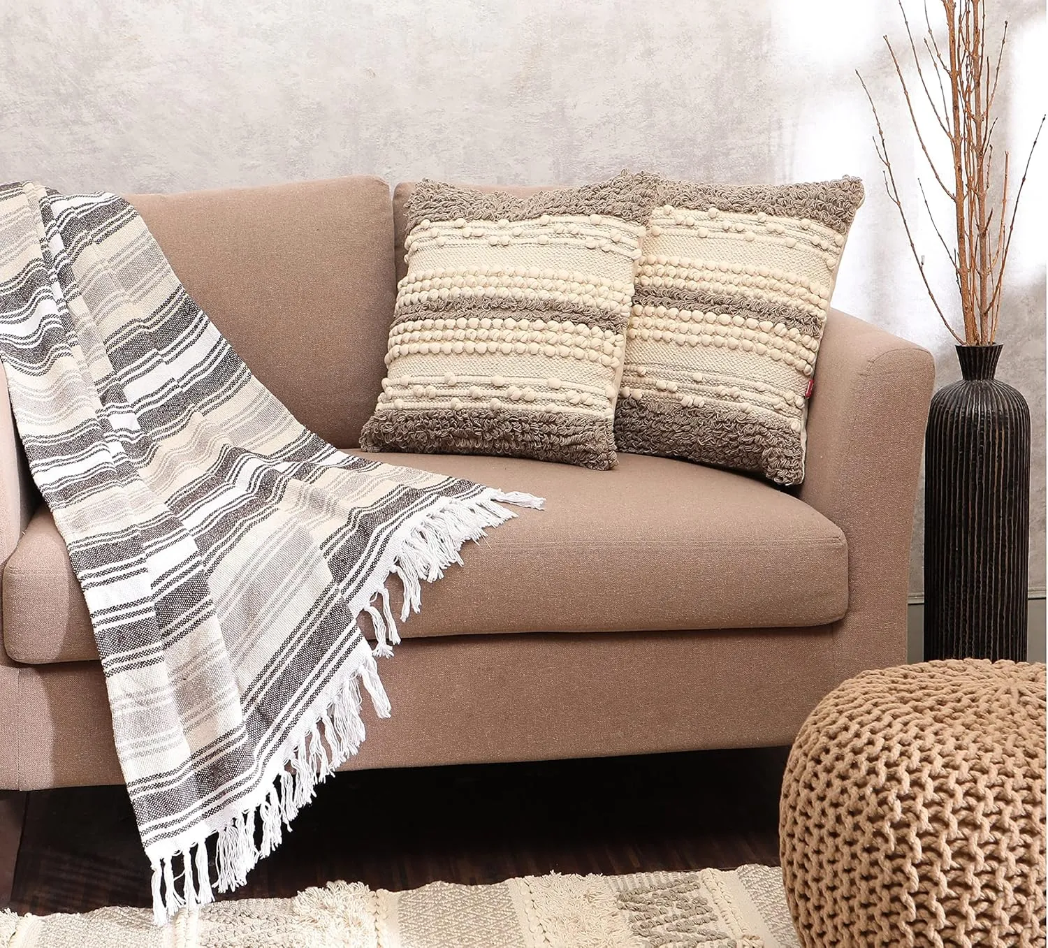 REDEARTH · Boho Textured Throw Pillow Cases - Woven Tufted Decorative Farmhouse Cushion Covers Set for Couch - Sofa - Bed - Chair - Dining - Patio - Outdoor - 100% Cotton (18x18; Natural) Pack of 2
