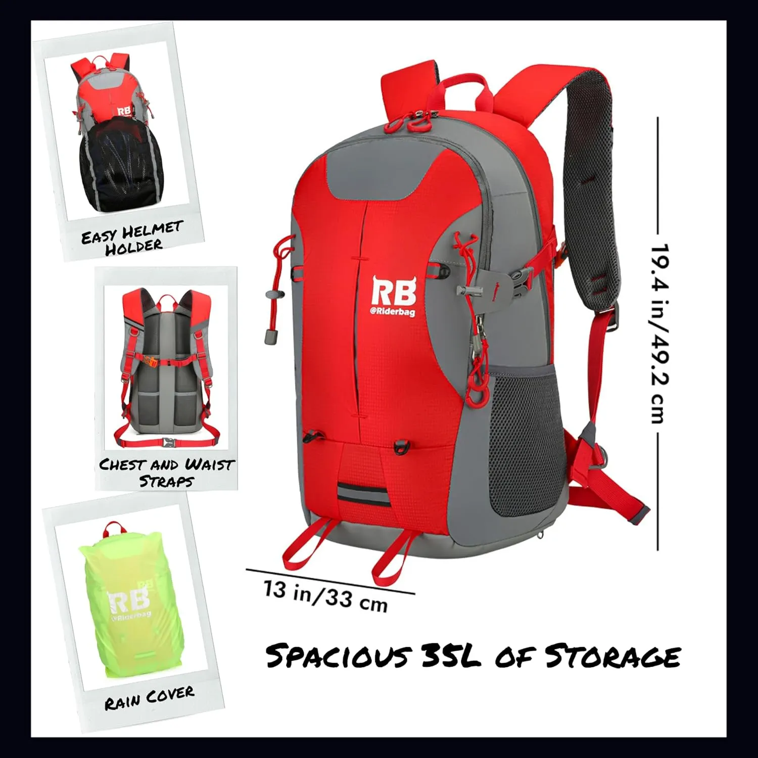 Reflective Motorcycle Backpack – Lightweight Hi Viz Riding Gear with Helmet Holder, Laptop pocket, Ventilated Back, Cycling, Hiking, Sport & Commuter Daypack (red backpack)