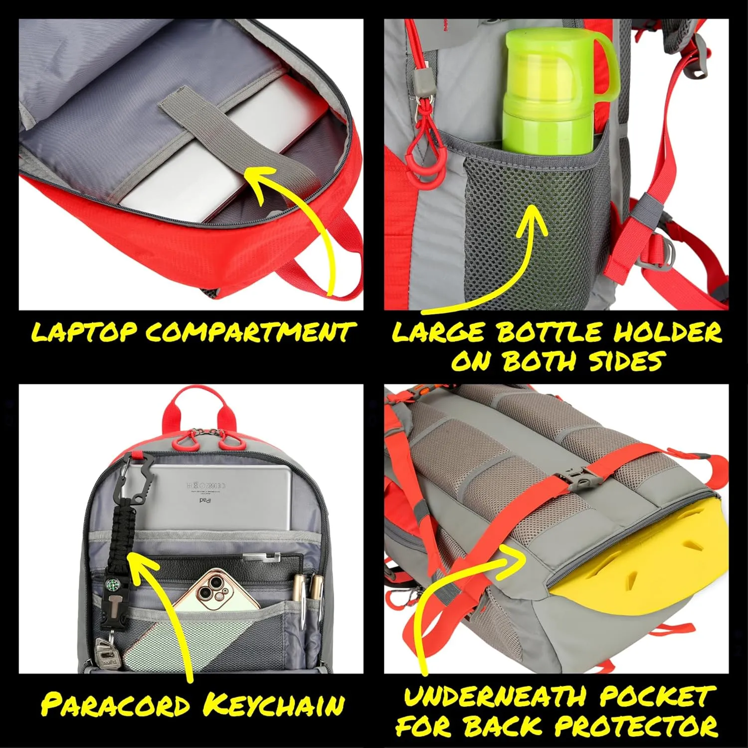Reflective Motorcycle Backpack – Lightweight Hi Viz Riding Gear with Helmet Holder, Laptop pocket, Ventilated Back, Cycling, Hiking, Sport & Commuter Daypack (red backpack)