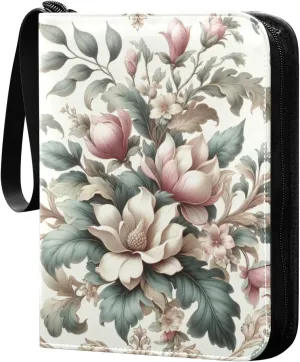Retro Magnolia Flowers Card Binder 4 Pocket Trading Card Album Fits 400 Sports/Game Cards, PU Cover 3 Ring Card Collection with 50 Removable Sleeves