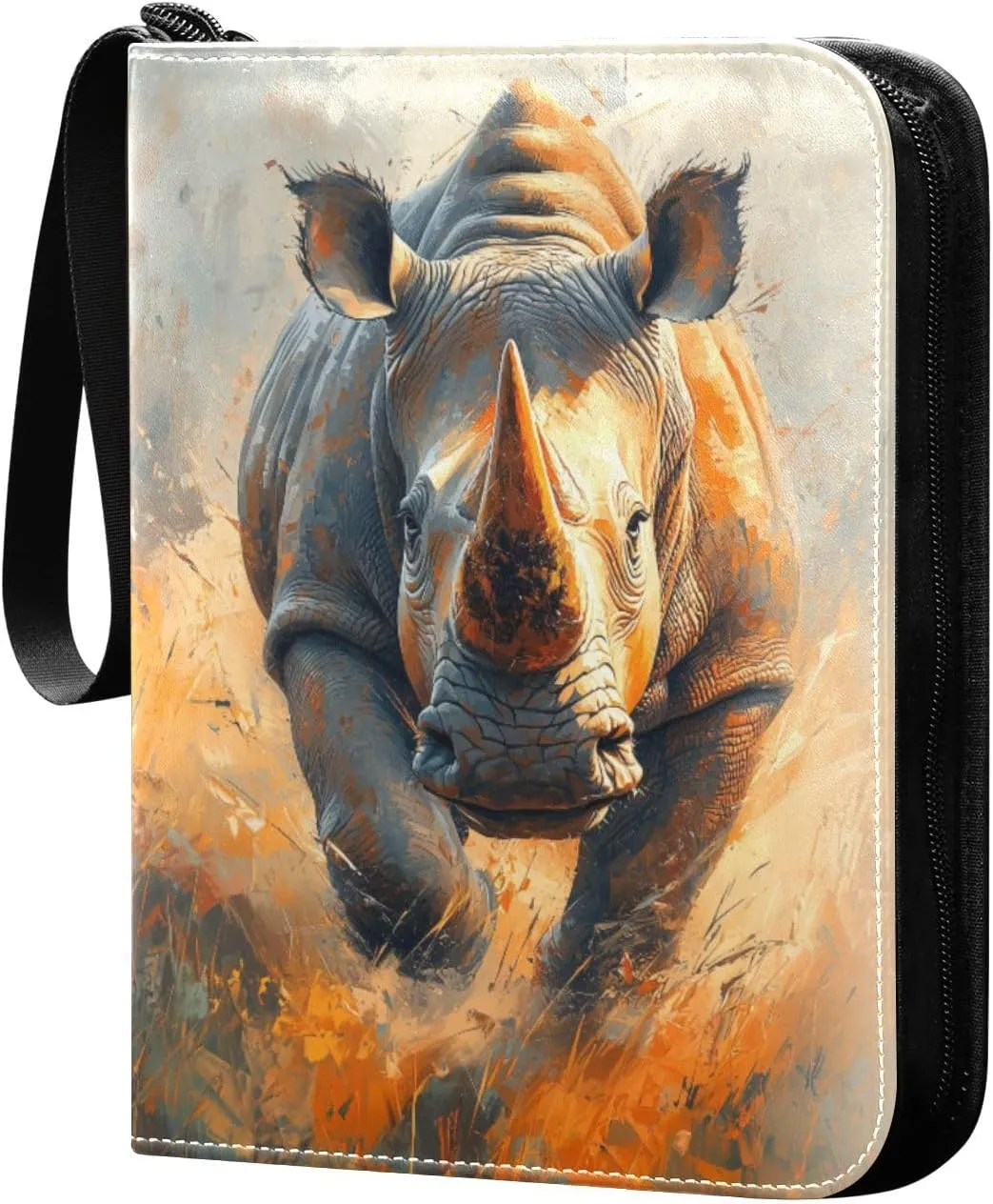 Rhinoceros Oil Painting Cards Binder 4 Pocket Fits 400 Cards with 50 Removable Sleevesves, Trading Card Collector Zipper Album Holder Portable Card Games Display Storage Cases