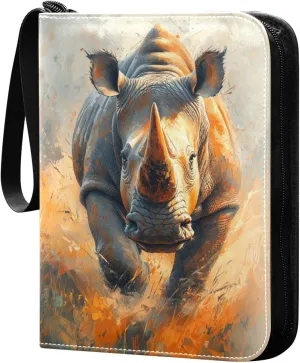 Rhinoceros Oil Painting Cards Binder 4 Pocket Fits 400 Cards with 50 Removable Sleevesves, Trading Card Collector Zipper Album Holder Portable Card Games Display Storage Cases