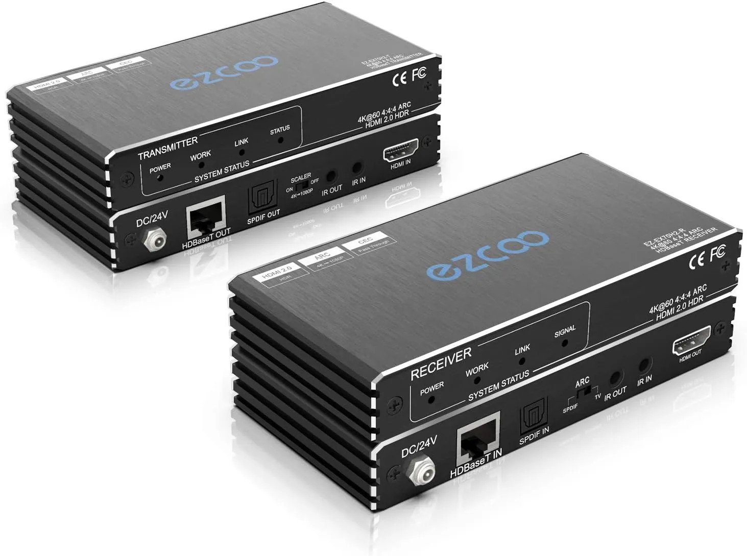 ROFAVEZCO HDBaseT HDMI ARC Extender 4K 60Hz HDR10 18Gbps - 230ft 1080P, 130ft 4K HDMI2.0 HDCP2.2 - Cat5e/Cat6, SPDIF Toslink, Bi-Directional PoE IR CEC, DTS:X, Down-Scale, Slim Case EX70H2