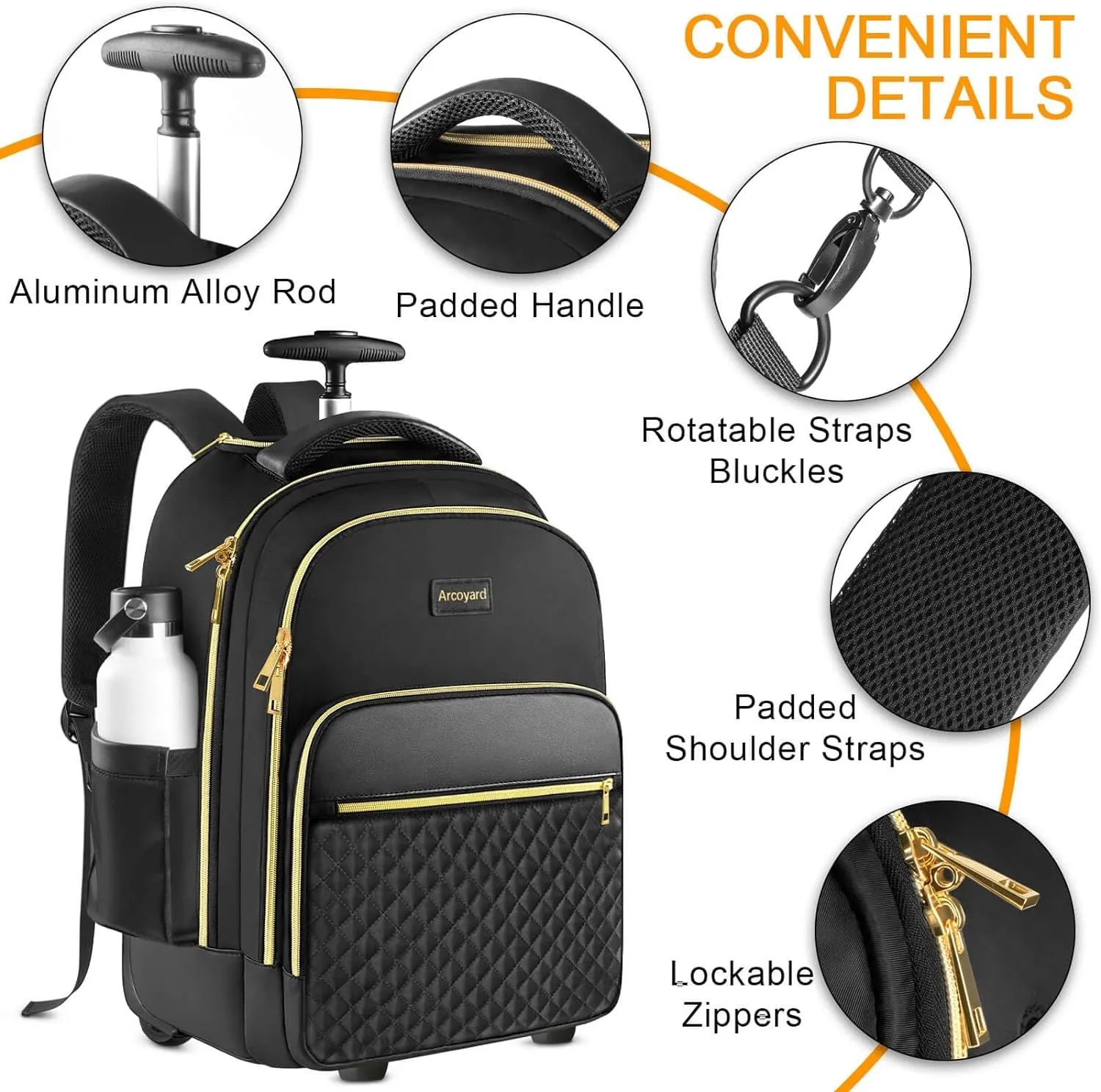 Rolling Backpack Carry On Luggage For Adults With Wheels, 40L Wheeled Backpack For Women, Travel Roller Bag, Black Gold