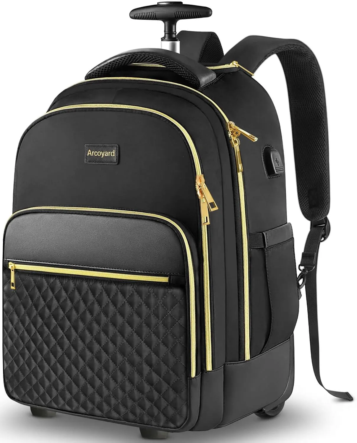 Rolling Backpack Carry On Luggage For Adults With Wheels, 40L Wheeled Backpack For Women, Travel Roller Bag, Black Gold