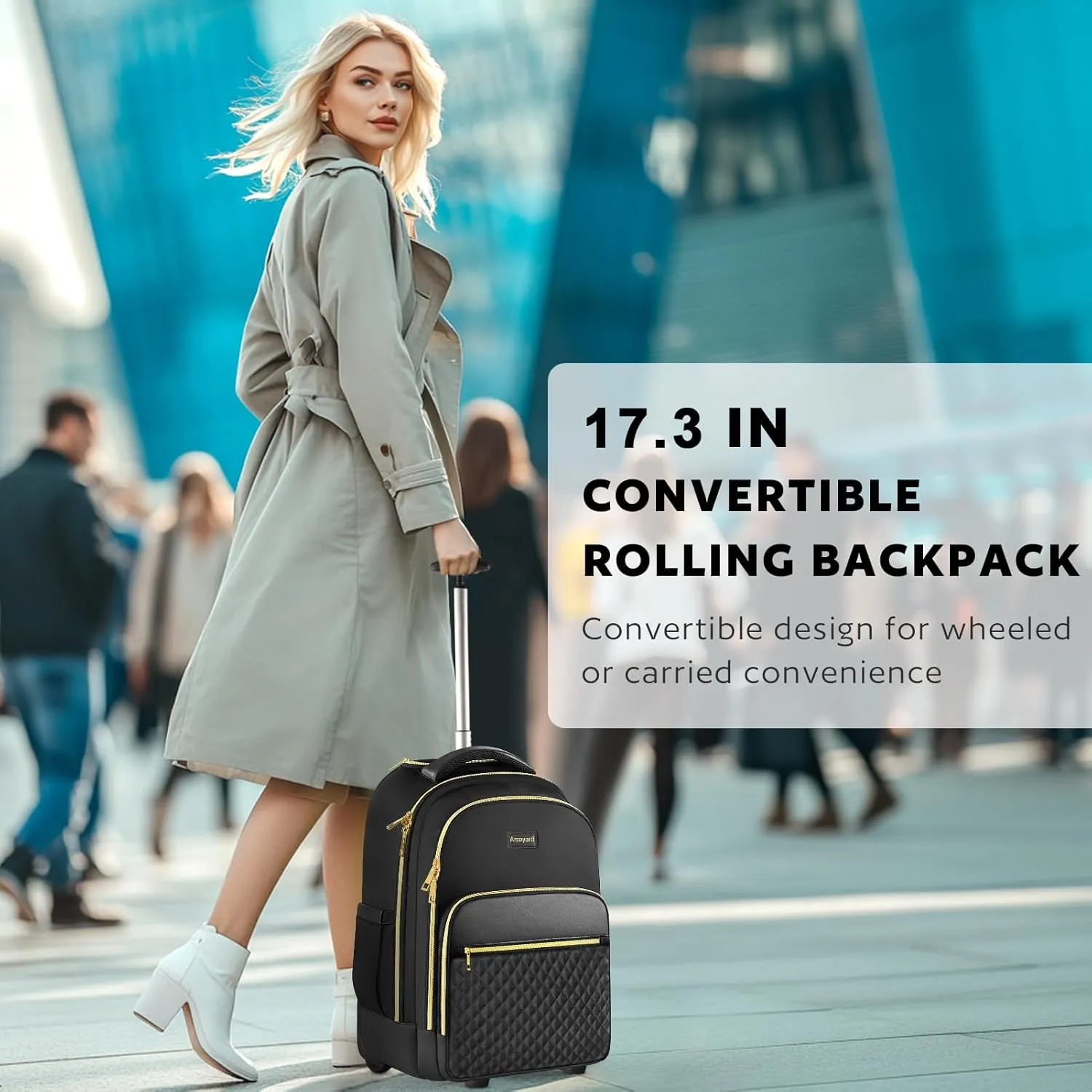 Rolling Backpack Carry On Luggage For Adults With Wheels, 40L Wheeled Backpack For Women, Travel Roller Bag, Black Gold