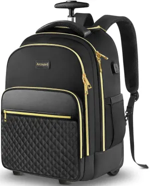 Rolling Backpack Carry On Luggage For Adults With Wheels, 40L Wheeled Backpack For Women, Travel Roller Bag, Black Gold
