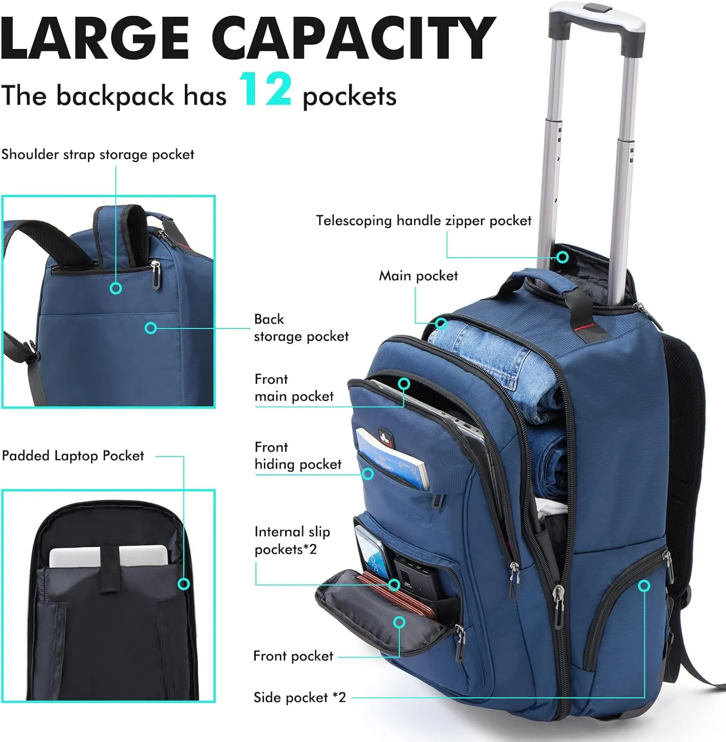 Rolling Backpack for Adults, 17.3 inch Laptop Wheeled Backpack, Travel Backpack with Wheels, Carry on Luggage Business Trolley Suitcase Computer Bag Men Women Blue