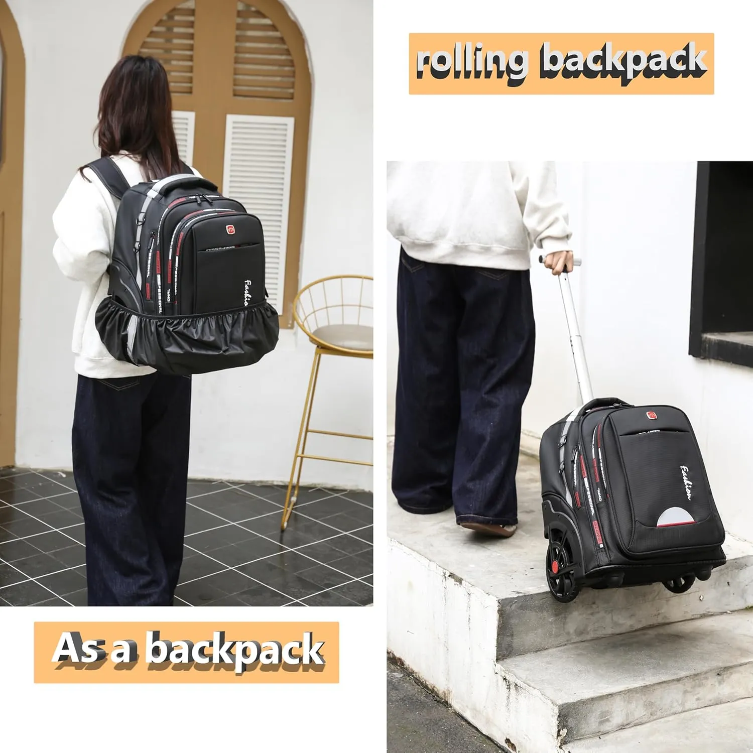 Rolling Backpack for Adults, 22 Inch Backpack with Wheels for Business, College Student and Travel Commuter, Waterproof Wheeled Backpack (black)