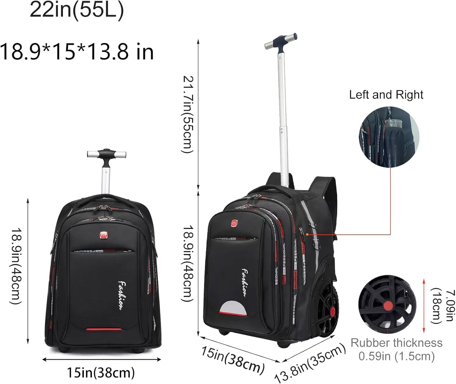 Rolling Backpack for Adults, 22 Inch Backpack with Wheels for Business, College Student and Travel Commuter, Waterproof Wheeled Backpack (black)
