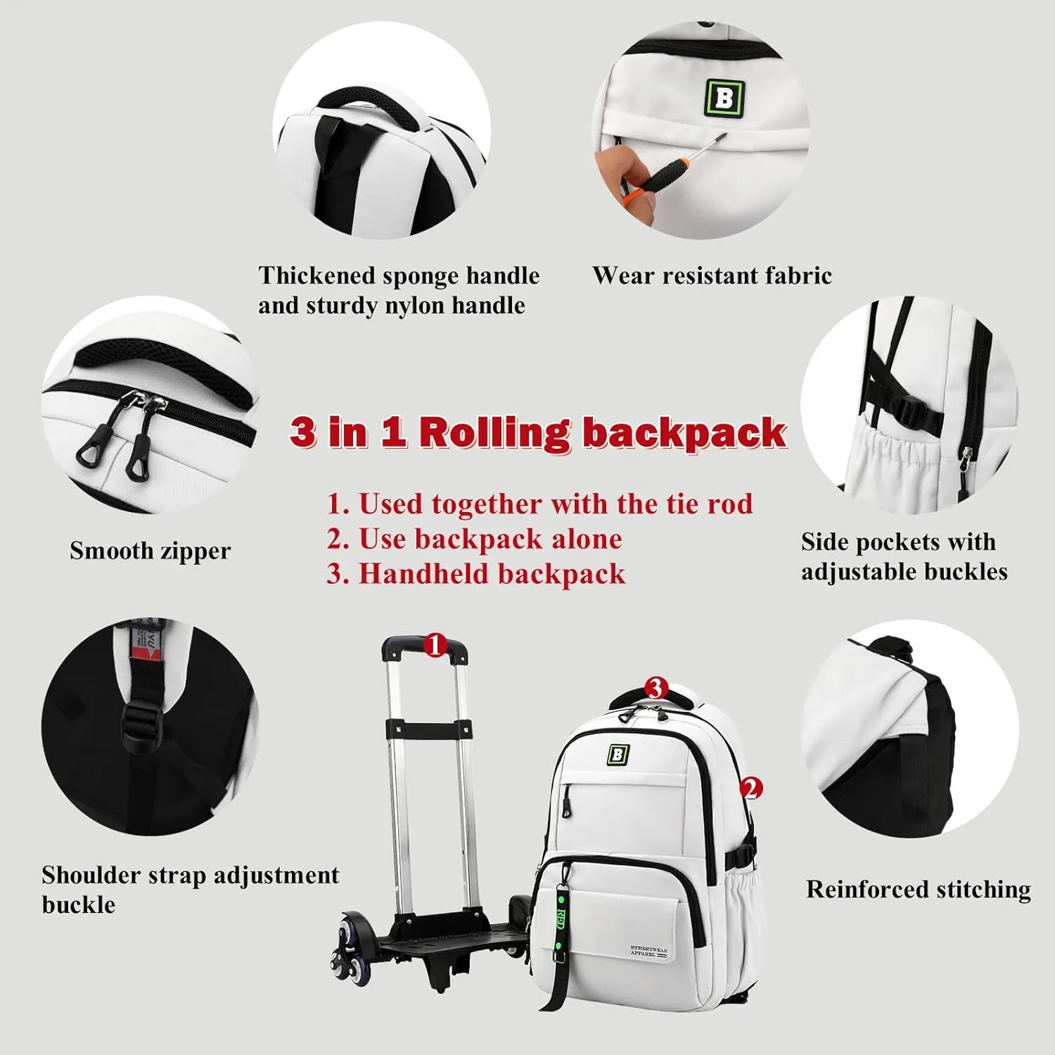 Rolling Backpack for Boys Kids Backpack with Wheels Trolley School Bag for Teens Elementary Wheeled Backpack