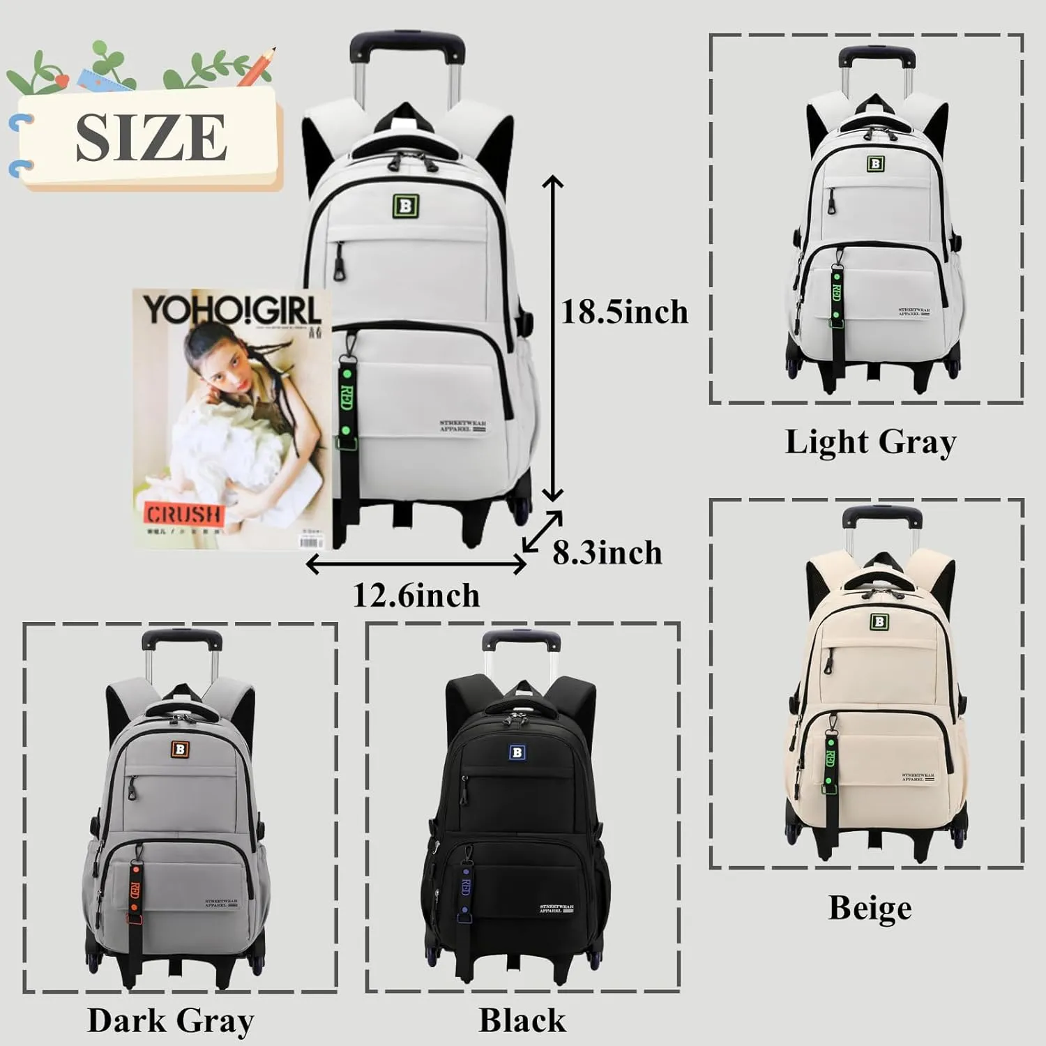 Rolling Backpack for Boys Kids Backpack with Wheels Trolley School Bag for Teens Elementary Wheeled Backpack