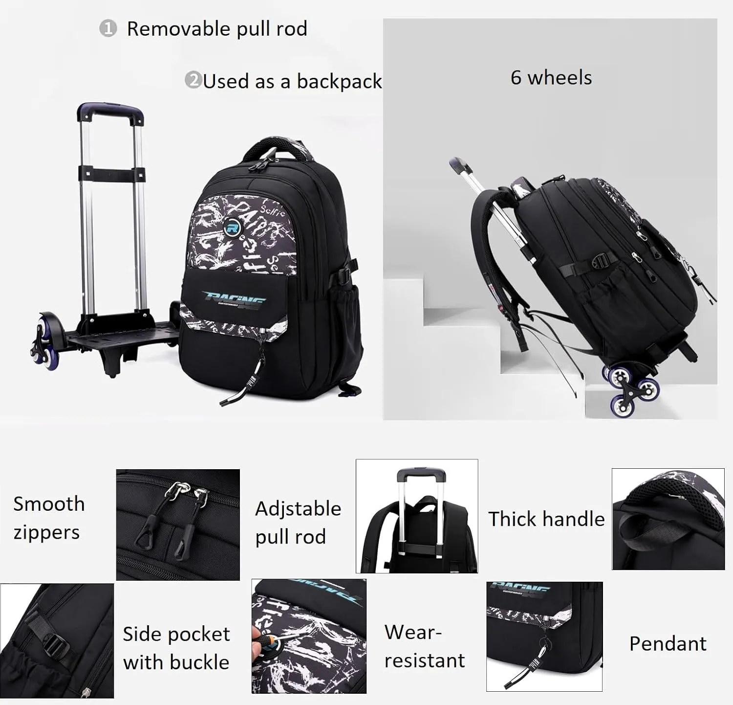 Rolling Backpack for Boys Roller Backpack Kids Bookbag with Wheels Wheeled School Bag for Teen Boys Black