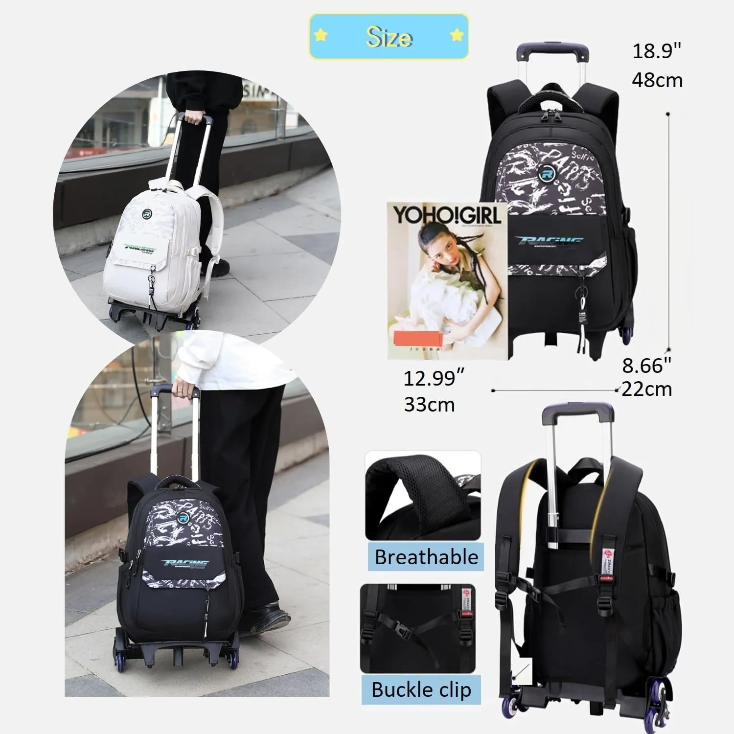 Rolling Backpack for Boys Roller Backpack Kids Bookbag with Wheels Wheeled School Bag for Teen Boys Brown