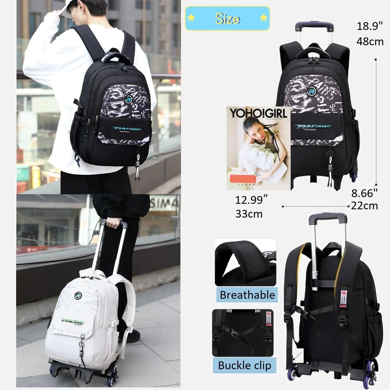 Rolling Backpack for Boys Roller Backpack Kids Bookbag with Wheels Wheeled School Bag for Teen Boys Off White