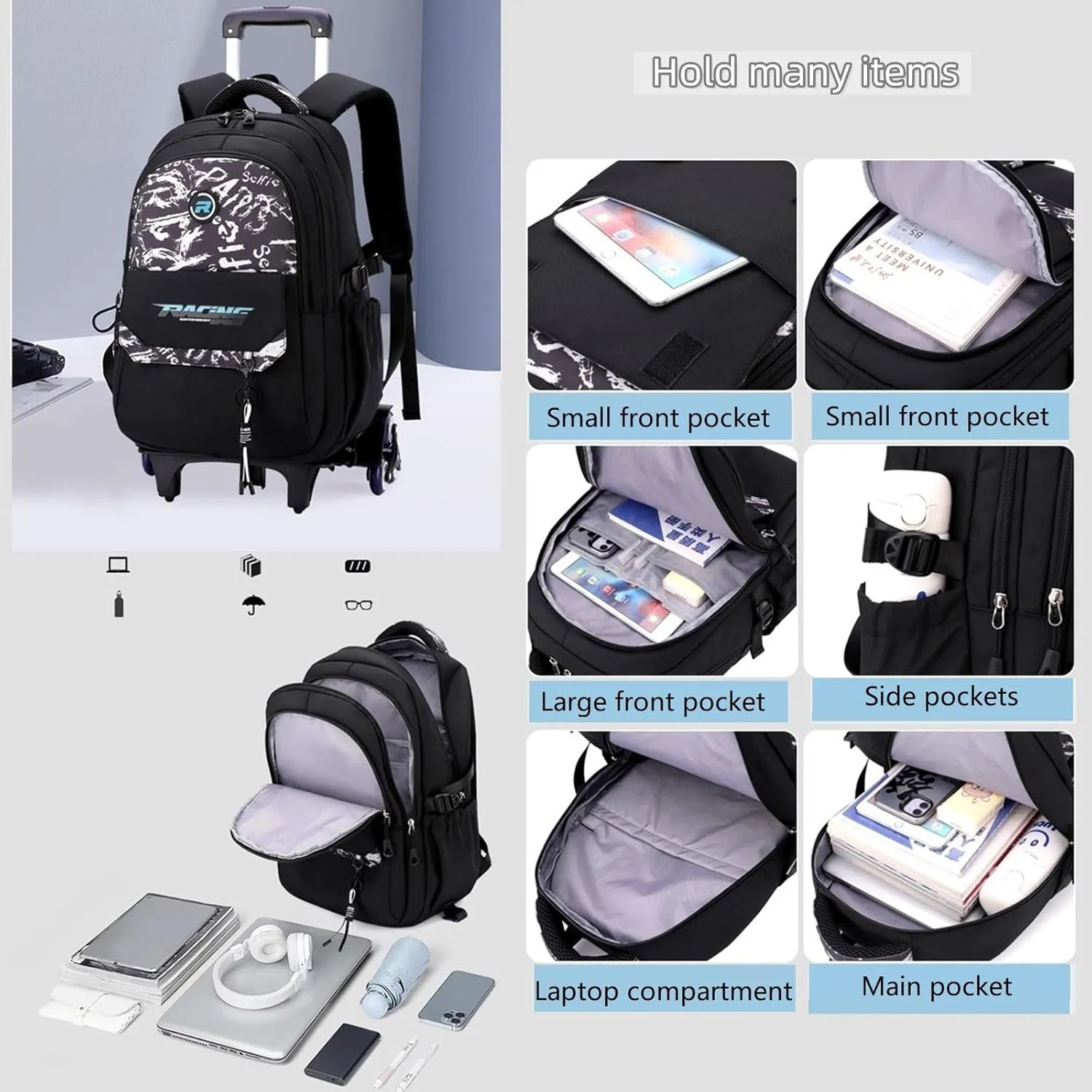 Rolling Backpack for Boys Roller Backpack Kids Bookbag with Wheels Wheeled School Bag for Teen Boys Off White