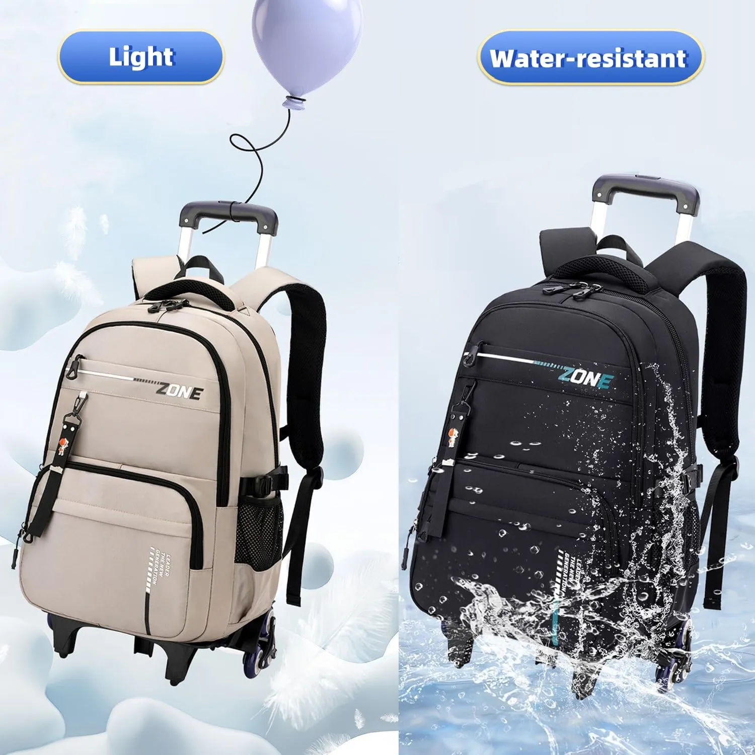 Rolling Backpack for Boys Trolley Bookbag with Wheels for Teens Wheeled Luggage Laptop Backpack