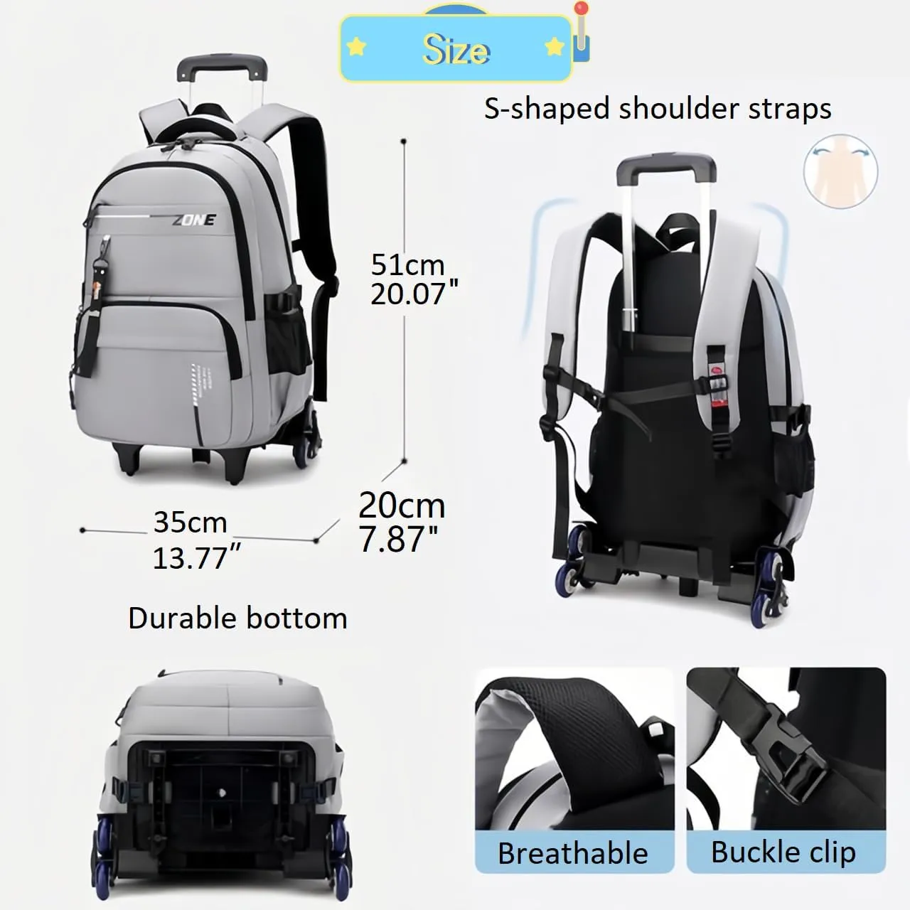 Rolling Backpack for Boys Trolley Bookbag with Wheels for Teens Wheeled Luggage Laptop Backpack