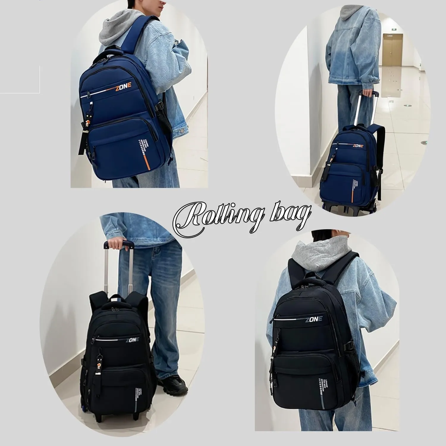 Rolling Backpack for Boys Trolley Bookbag with Wheels for Teens Wheeled Luggage Laptop Backpack