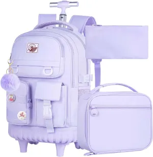 Rolling Backpack for Girls, 21 inch Water Resistant Roller School Bag with Wheels, Wheeled Backpacks Set for Teen Women Elementary Travel - Purple