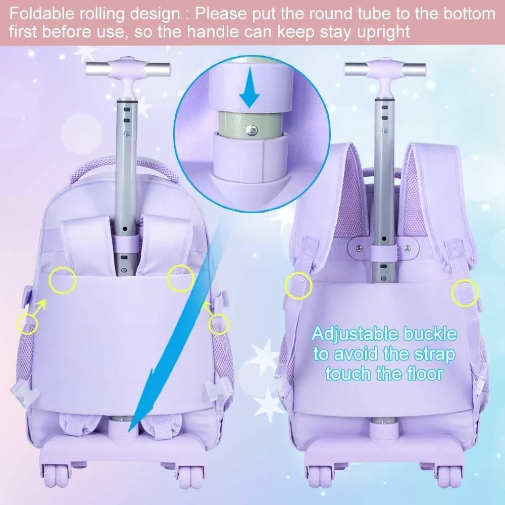 Rolling Backpack for Girls, 21 inch Water Resistant Roller School Bag with Wheels, Wheeled Backpacks Set for Teen Women Elementary Travel - Purple