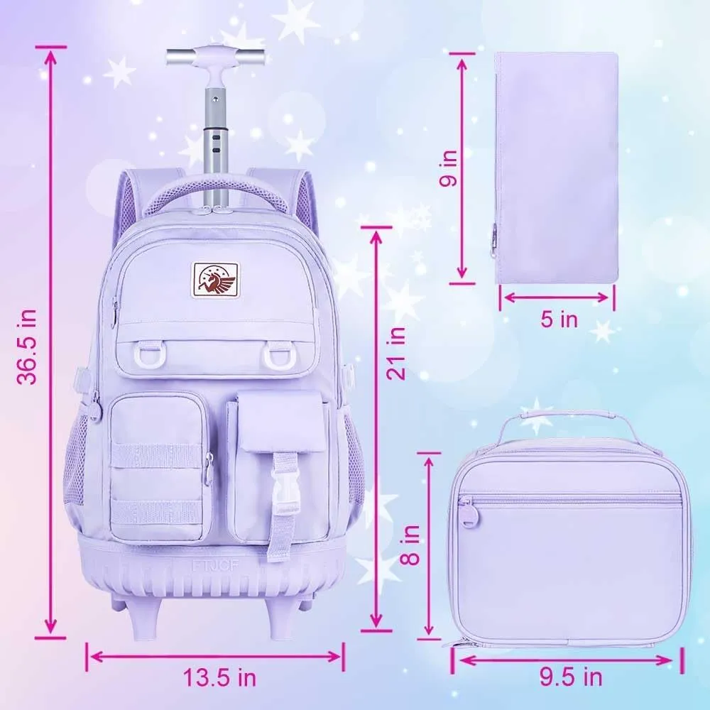 Rolling Backpack for Girls, 21 inch Water Resistant Roller School Bag with Wheels, Wheeled Backpacks Set for Teen Women Elementary Travel - Purple