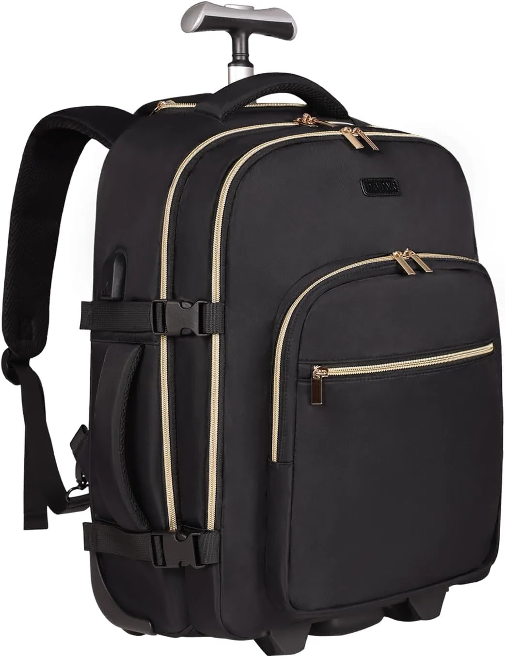 Rolling Backpack for Women, 17Inch Laptop Travel Backpack with Wheels, Carry on Luggage Airplane, Overnight Business Trolley Backpack Bag (Elegant Black) (In Patent)