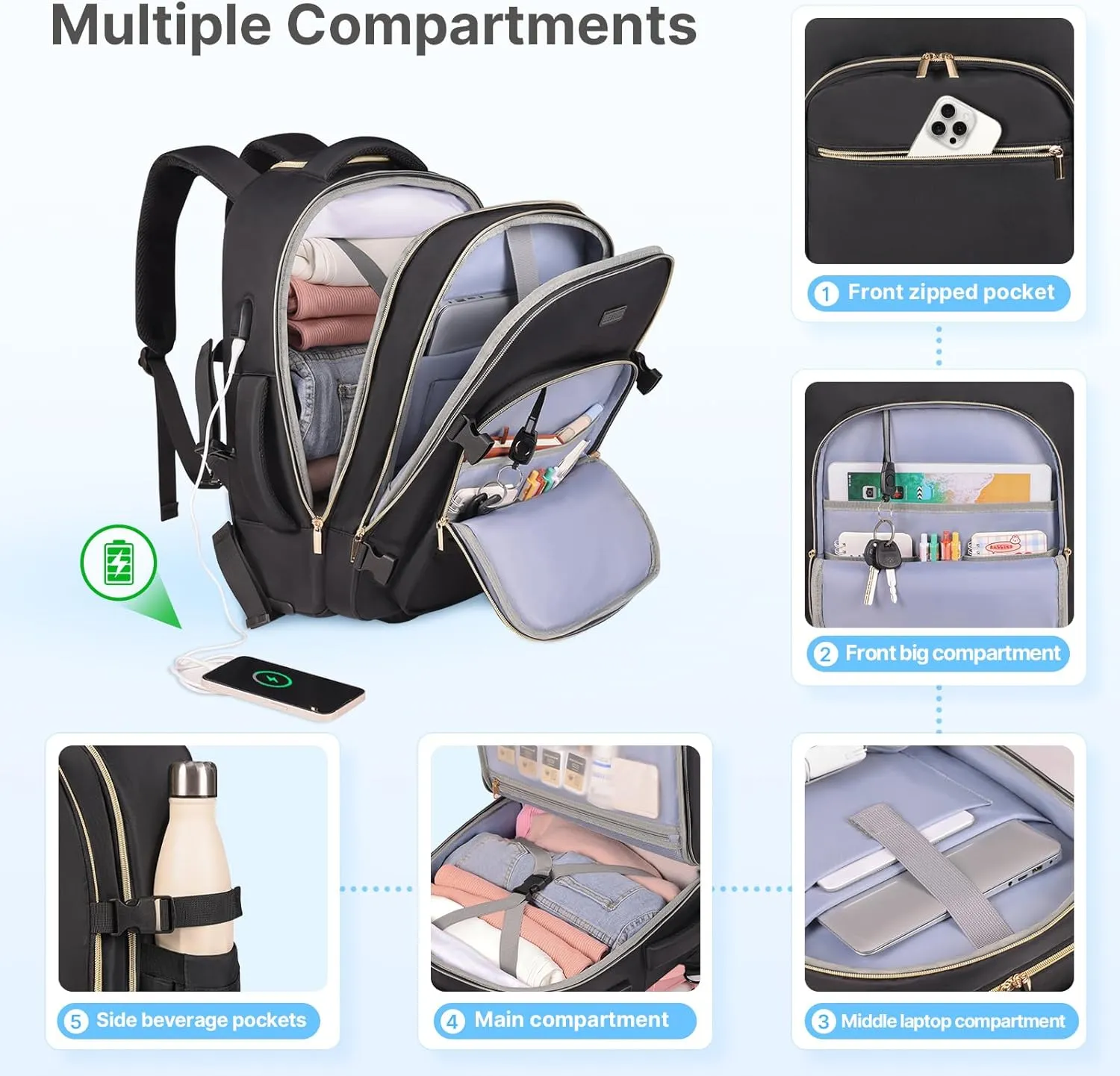 Rolling Backpack for Women, 17Inch Laptop Travel Backpack with Wheels, Carry on Luggage Airplane, Overnight Business Trolley Backpack Bag (Elegant Black) (In Patent)