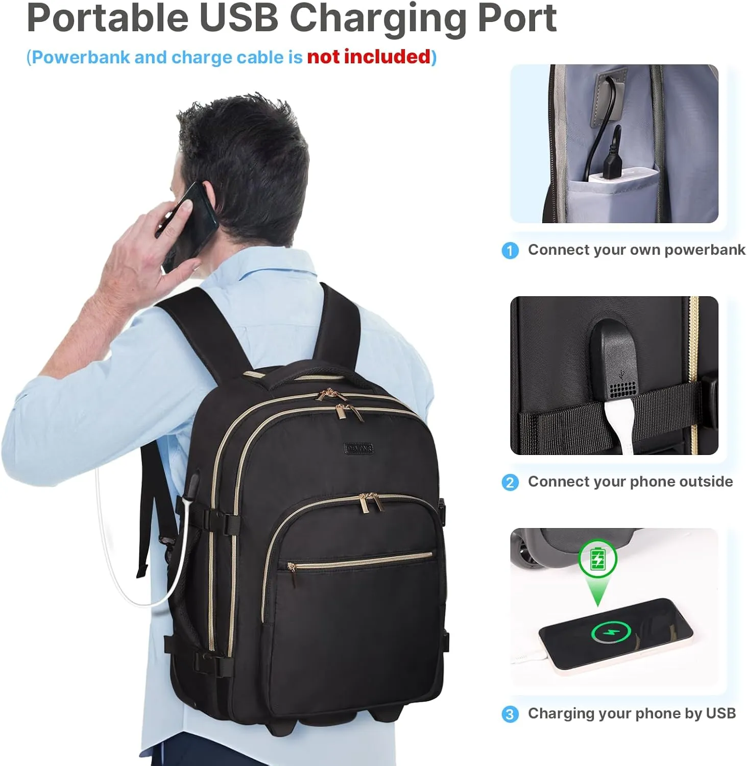 Rolling Backpack for Women, 17Inch Laptop Travel Backpack with Wheels, Carry on Luggage Airplane, Overnight Business Trolley Backpack Bag (Elegant Black) (In Patent)