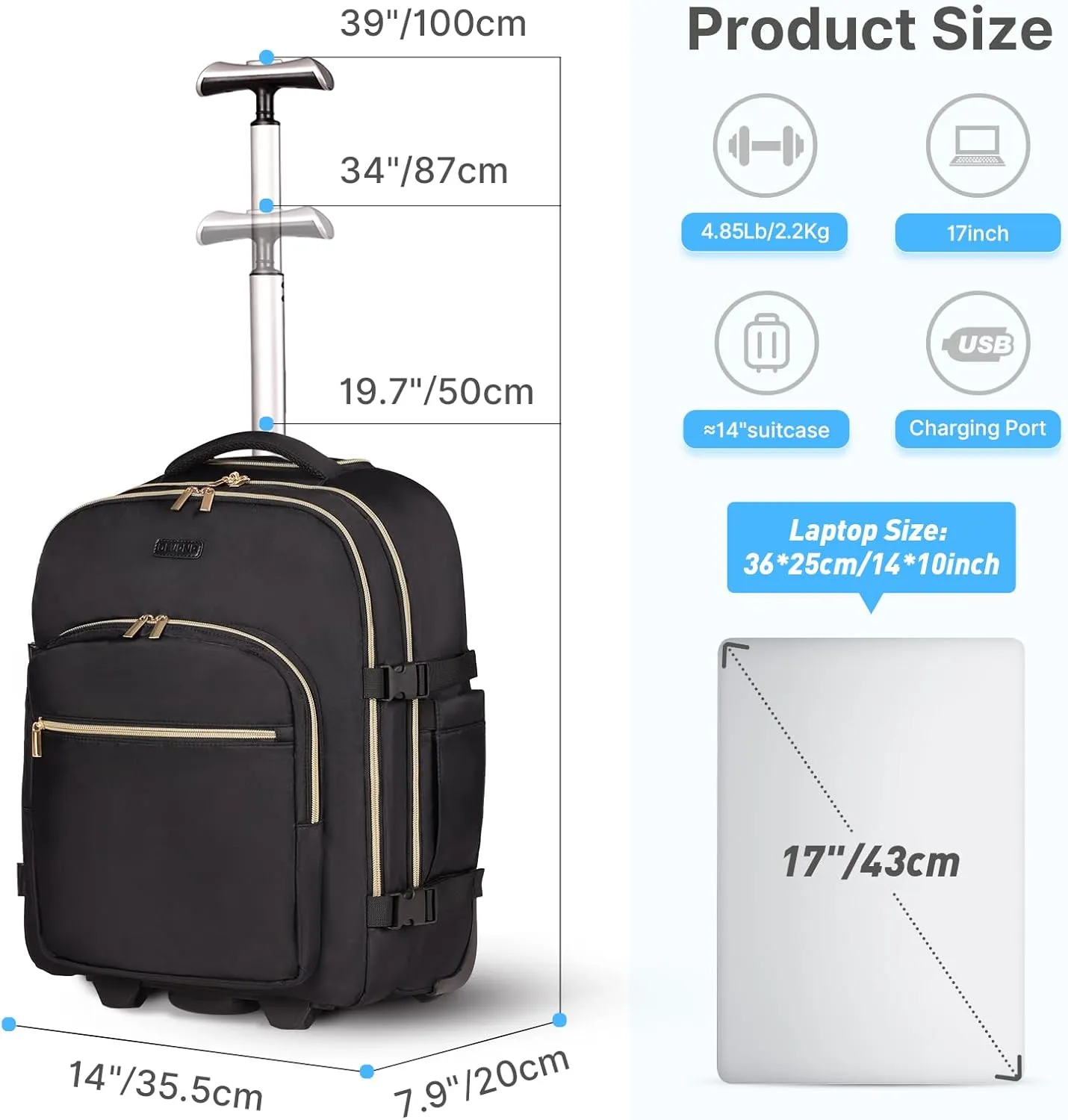 Rolling Backpack for Women, 17Inch Laptop Travel Backpack with Wheels, Carry on Luggage Airplane, Overnight Business Trolley Backpack Bag (Elegant Black) (In Patent)
