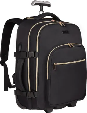 Rolling Backpack for Women, 17Inch Laptop Travel Backpack with Wheels, Carry on Luggage Airplane, Overnight Business Trolley Backpack Bag (Elegant Black) (In Patent)