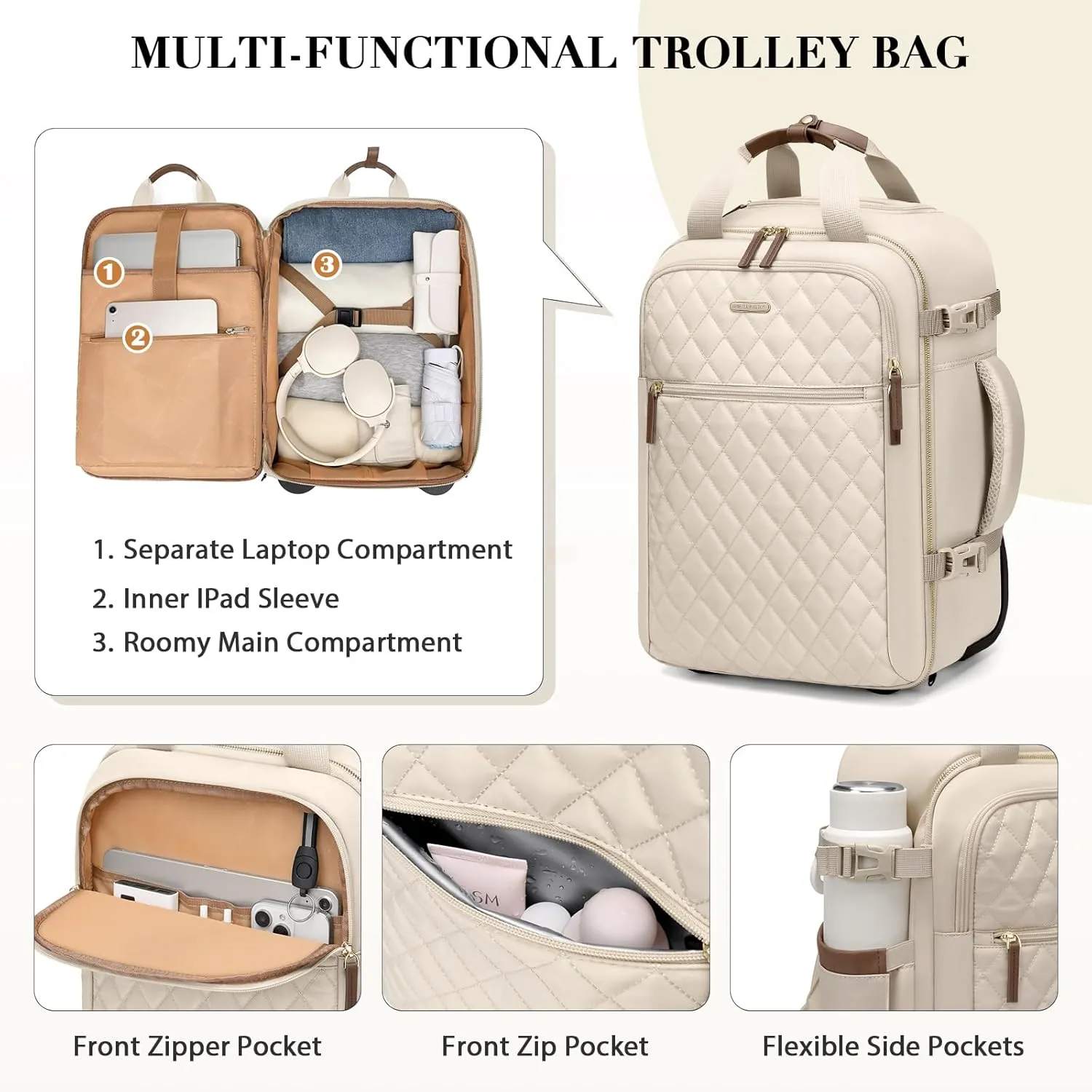 Rolling Backpack for Women,Travel Laptop Backpack with Wheels Roller Personal Item Backpack Wheeled Underseat Carry On Luggage,Fit 17Inch,Apricot