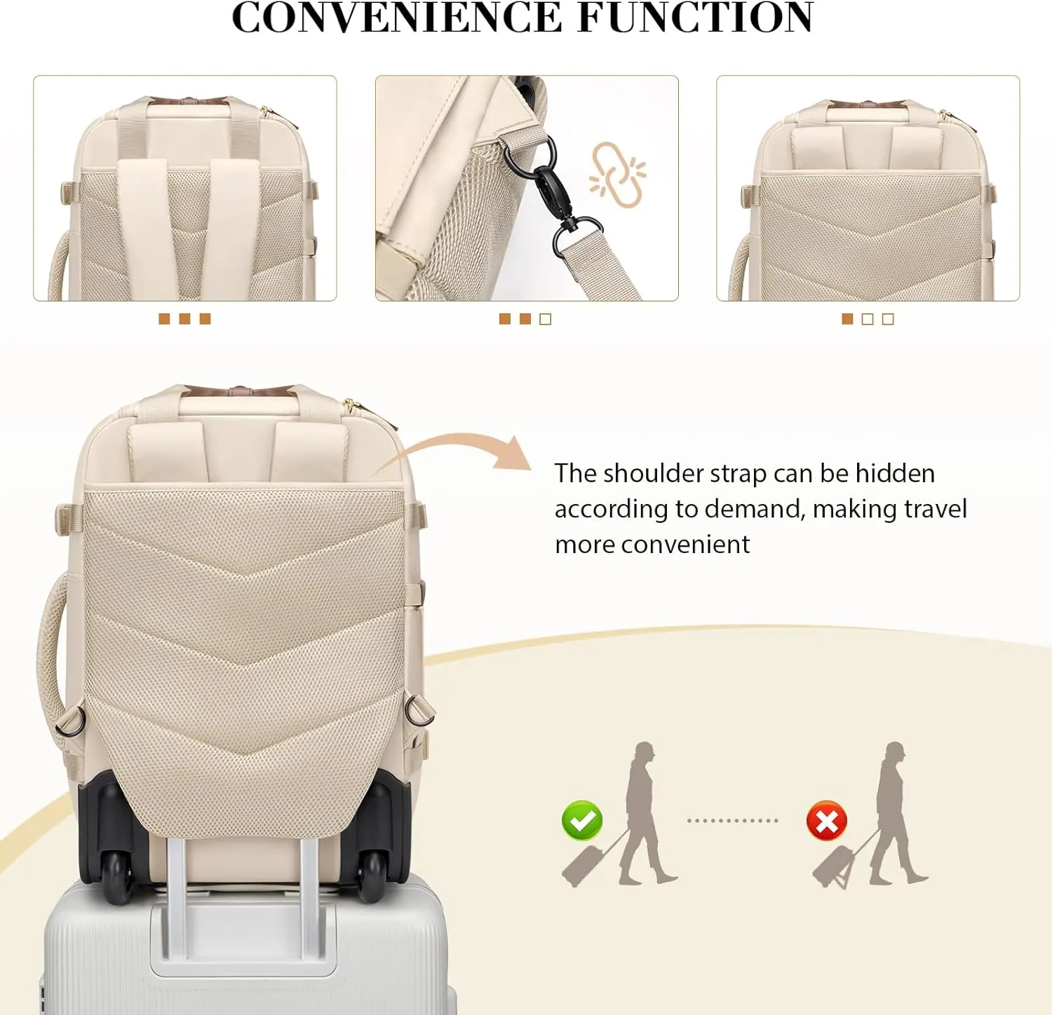 Rolling Backpack for Women,Travel Laptop Backpack with Wheels Roller Personal Item Backpack Wheeled Underseat Carry On Luggage,Fit 17Inch,Apricot